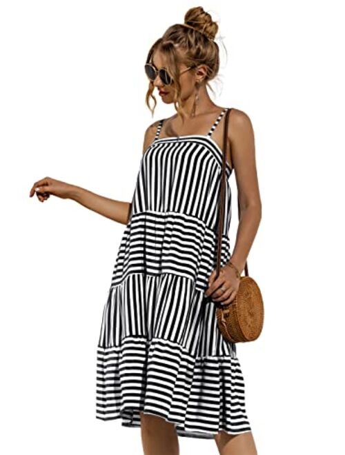 Anna Kaci Anna-Kaci Women's Striped Ruffle Dress Casual Loose Spaghetti Strap Sleeveless Swing Summer Dresses