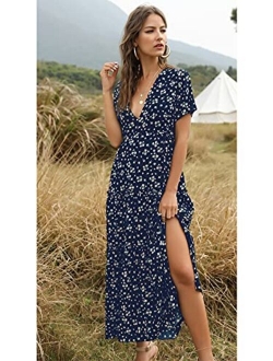 Anna-Kaci Womens Summer Chiffon Floral Print V-Neck Short Sleeves Maxi Dress