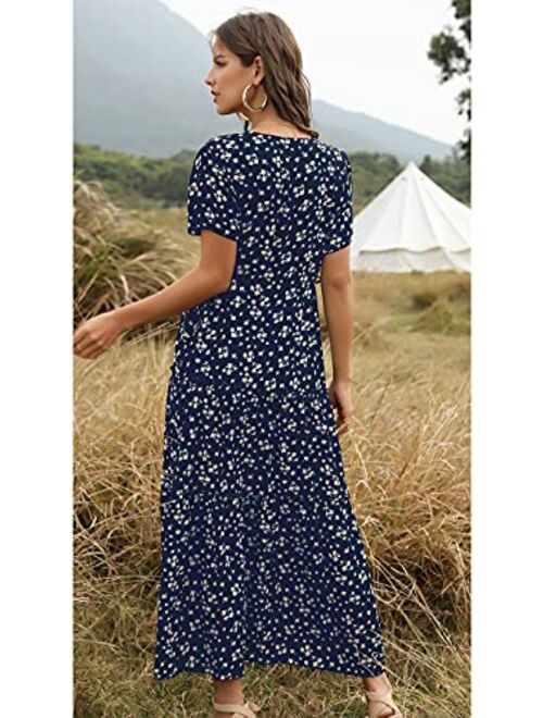 Anna Kaci Anna-Kaci Womens Summer Chiffon Floral Print V-Neck Short Sleeves Maxi Dress