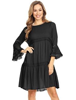 Anna-Kaci Women's Casual Semi Sheer Bohemian Crochet Lace Flounce Bell Sleeve Flowy Mini Dress