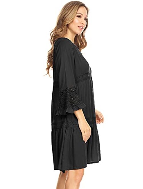 Anna Kaci Anna-Kaci Women's Casual Semi Sheer Bohemian Crochet Lace Flounce ¾ Bell Sleeve Flowy Mini Dress