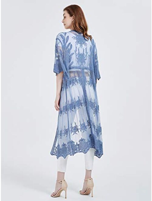 Anna Kaci Anna-Kaci Womens Lace Flower Embroidered Loose Half Sleeves Long Kimono Cardigan