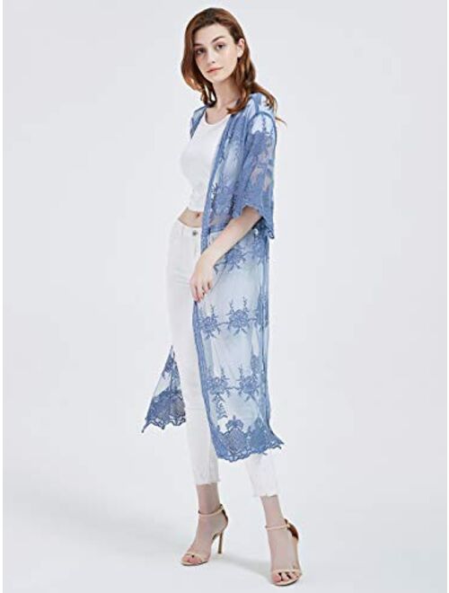 Anna Kaci Anna-Kaci Womens Lace Flower Embroidered Loose Half Sleeves Long Kimono Cardigan
