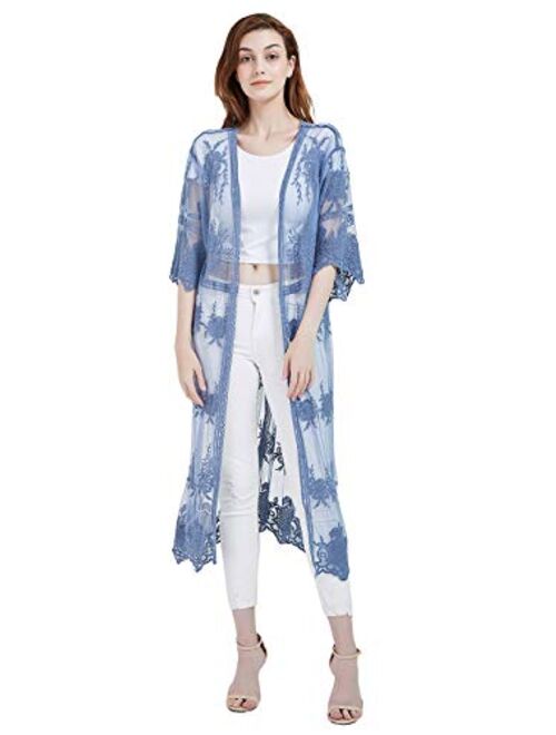 Anna Kaci Anna-Kaci Womens Lace Flower Embroidered Loose Half Sleeves Long Kimono Cardigan