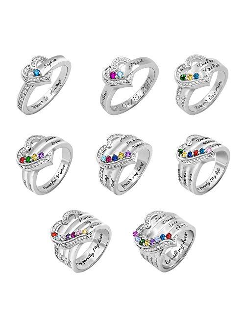 AILIN Personalized 1-8 Birthstone Rings 925 Sterling Silver Heart Custom Engraved Name Ring Wedding Family Mother Days Birthday Aniversary Jewelry Gifts For Women Grandma