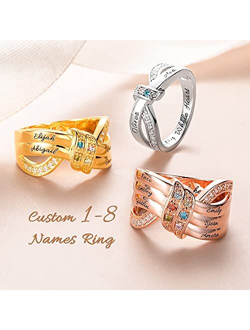 Ailin Custom Mom Rings In 925 Sterling Silver/Brass Personalized Engraved 1-8 Family Name Birthstone Rings Birthday Jewelry Christmas Gifts For Women Mother Grandmom Nana