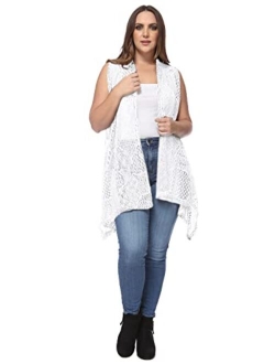Anna-Kaci Women's Plus Size Boho Open Front Crochet Cover Up Sleeveless Shawl Cardigan Vest