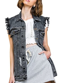 Anna-Kaci Womens Oversized Distressed Denim Vest Sleeveless Jean Jacket with Pockets