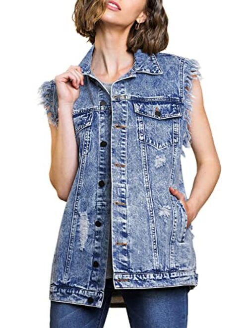 Anna Kaci Anna-Kaci Womens Oversized Distressed Denim Vest Sleeveless Jean Jacket with Pockets