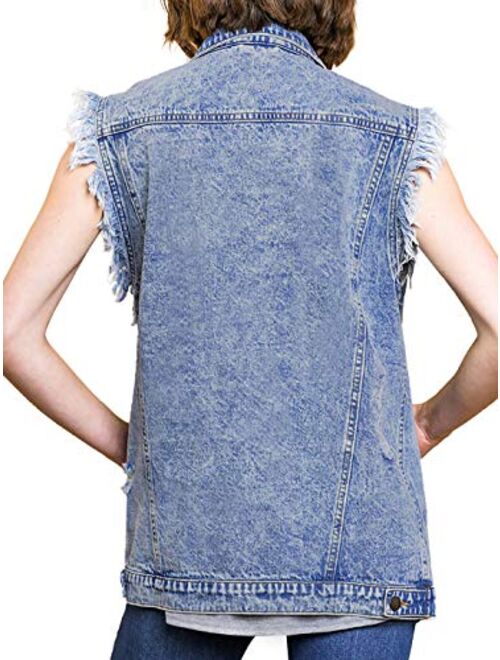 Anna Kaci Anna-Kaci Womens Oversized Distressed Denim Vest Sleeveless Jean Jacket with Pockets