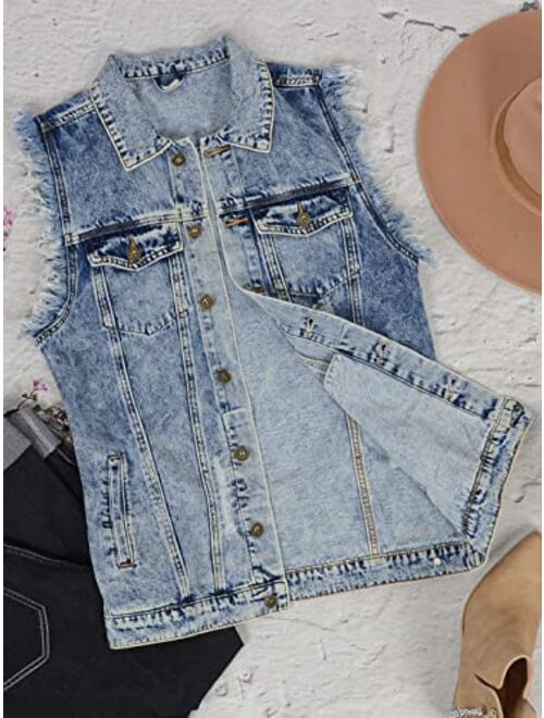Anna Kaci Anna-Kaci Womens Oversized Distressed Denim Vest Sleeveless Jean Jacket with Pockets