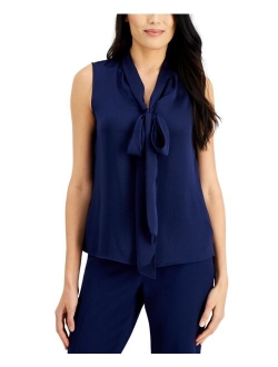 Solid Sleeveless Bow-Neck Blouse