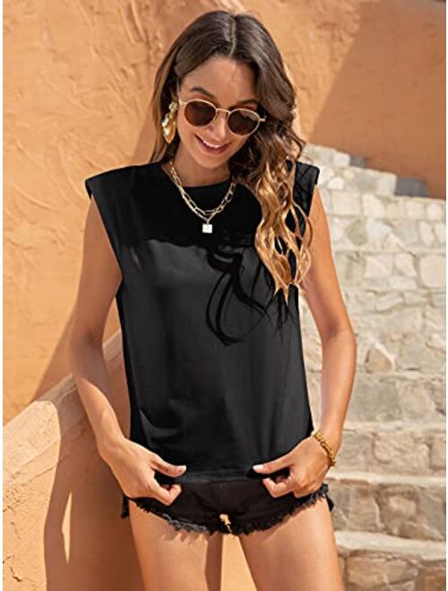 Anna Kaci Anna-Kaci Women's Summer Sleeveless Shoulder Pad T-Shirt Crew Neck Solid Color Casual Tank Tops