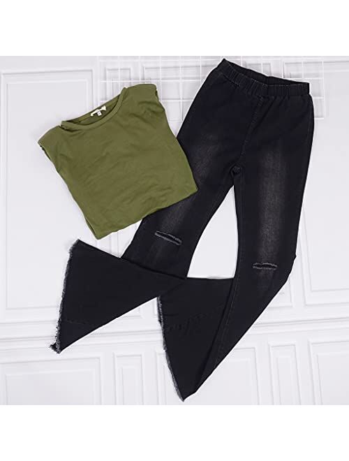 Anna Kaci Anna-Kaci Women's Elastic Waist Destroyed Flare Long Bell Bottom Denim Jeans