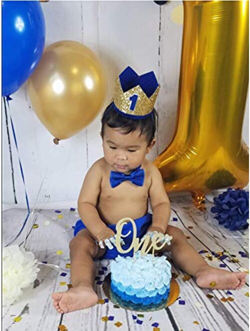 GUCHOL Baby Boys First Birthday Cake Smash Outfit with Bloomers Pants Sparkle Crown Hat Suspenders Bow Tie Set