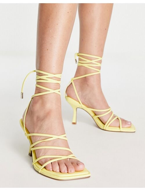 ASOS DESIGN Wide Fit Hiccup strappy tie leg mid heel sandals in yellow