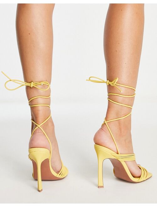 ASOS DESIGN Nest strappy tie leg heeled sandals in yellow