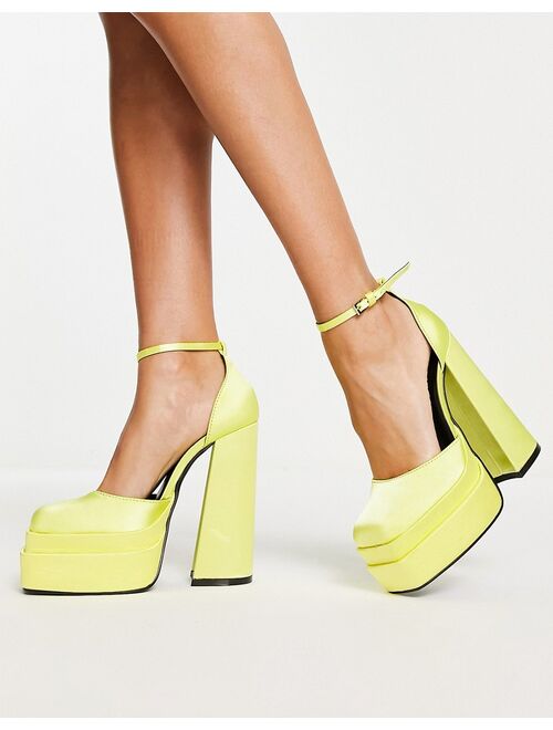 Daisy Street Exclusive double platform heeled shoes in bright yellow satin