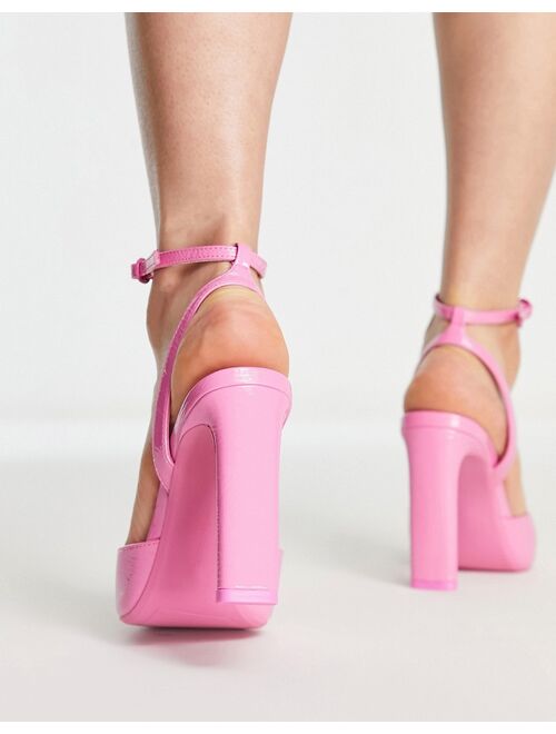 Bershka vinyl strappy heeled pumps in pink