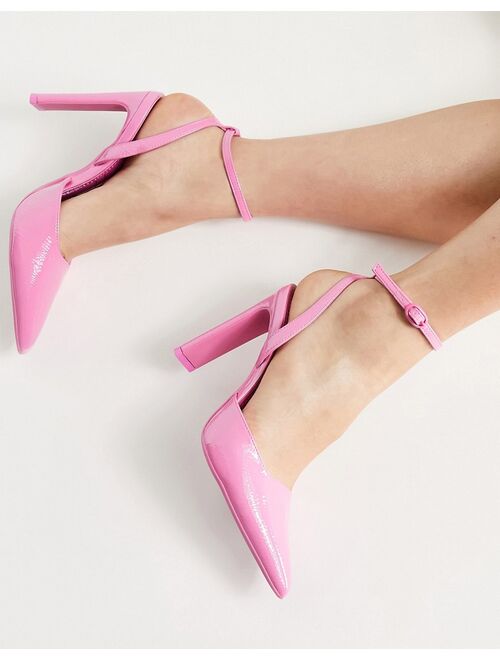 Bershka vinyl strappy heeled pumps in pink