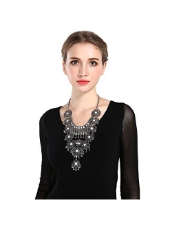 Zhenhui Statement Necklace for Women - Fashion Silver Long Bohemian Indian Jewelry Oxidized Chunky Necklace for Women Big Bib Ethnic Costume Jewelry (1)