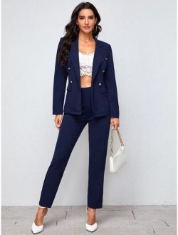 Notch Collar Double Button Blazer and Tailored Pants Set