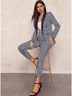 Notched Collar Double Breasted Houndstooth Blazer & Pants Set