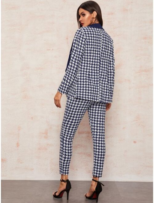 SHEIN Notched Collar Double Breasted Houndstooth Blazer & Pants Set