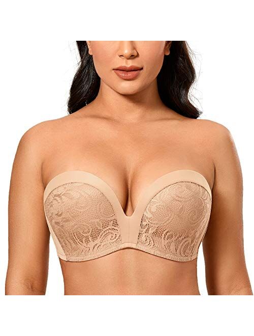 DELIMIRA Women's Slightly Lined Lift Great Support Lace Strapless Bra Push Up