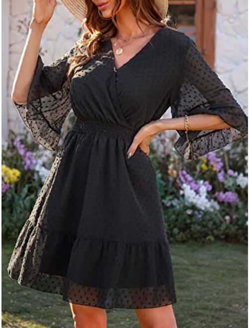 Anna Kaci Anna-Kaci Women's V Neck Bell Sleeve Swiss Dot A-Line Elastic Waist Ruffle Hem Short Dress