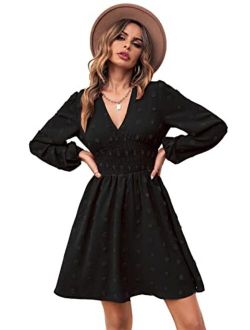 Anna-Kaci Polka Dot Smocked Long Sleeve V Neck Tunic Dress Swing Chiffon Beach Party Dresses
