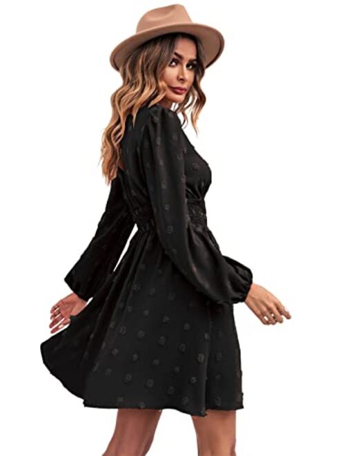 Anna Kaci Anna-Kaci Polka Dot Smocked Long Sleeve V Neck Tunic Dress Swing Chiffon Beach Party Dresses