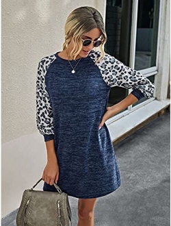 Anna-Kaci Women's Leopard Print Colorblock V-Neck Short Sleeves T-Shirt Dress