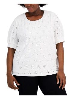 Plus Size Puffed Sleeve Eyelet Top