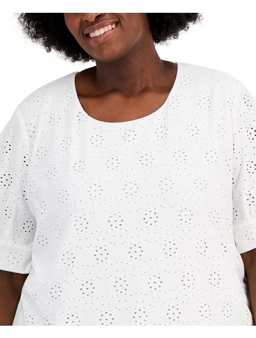 Kasper Plus Size Puffed Sleeve Eyelet Top