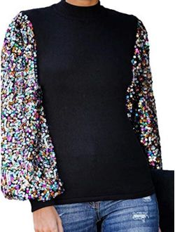 Anna-Kaci Women's Confetti Sequin Balloon Long Sleeve Mock Neck Pullover Sweatshirt