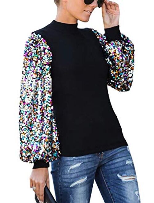Anna Kaci Anna-Kaci Women's Confetti Sequin Balloon Long Sleeve Mock Neck Pullover Sweatshirt