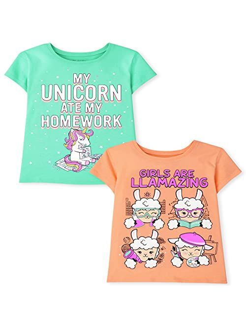 The Children's Place Short Sleeve 'My Unicorn Ate My Homework' and 'Girls are Llamazing' Graphic T-Shirt 2-Pack