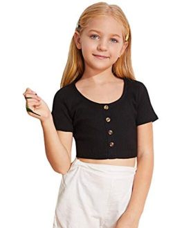 Girl's Ribbed Short Sleeve Button Front Scoop Neck Crop Top T Shirt Tee