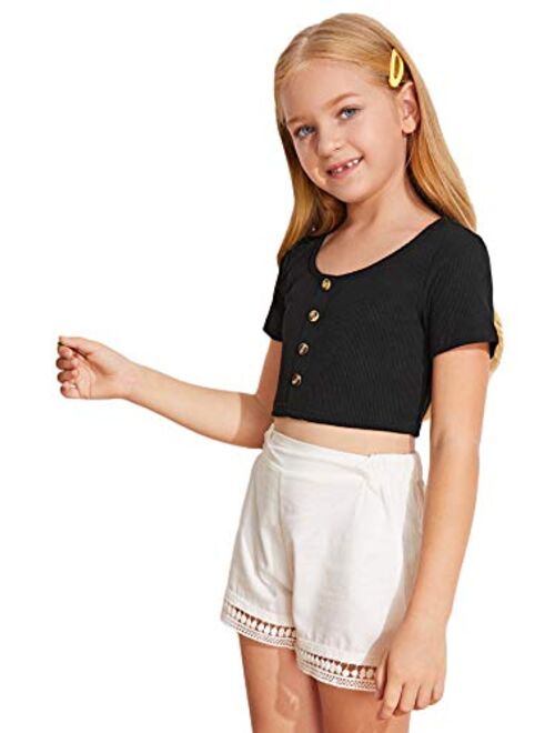 Romwe Girl's Ribbed Short Sleeve Button Front Scoop Neck Crop Top T Shirt Tee
