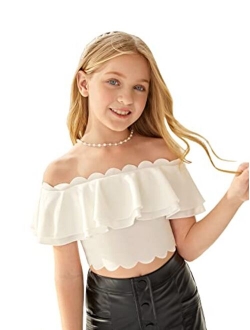 Girl's Dressy Off Shoulder Scallop Trim Tiered Layer Crop Top T Shirt