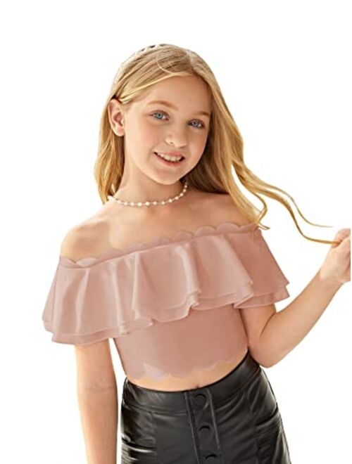 Milumia Girl's Dressy Off Shoulder Scallop Trim Tiered Layer Crop Top T Shirt