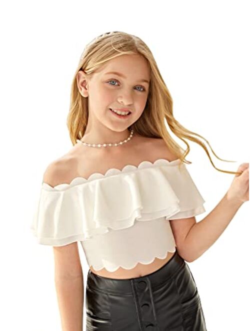 Milumia Girl's Dressy Off Shoulder Scallop Trim Tiered Layer Crop Top T Shirt