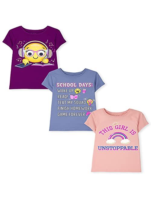 The Children's Place Short Sleeve 'School Days' Smart Smiley Face and 'This Girls is Unstoppable' Graphic T-Shirt 3-Pack