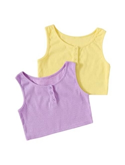 Girl's 2 Pack Sleeveless Ribbed Tank Tops Kids Button Up Crop Tops T Shirt