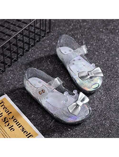 Generic Girls Jelly Shoes Toddler Princess Dress Sandals for Cosplay Blue Clear Glitter Jelly Flats Size 9 with Bow/Crown