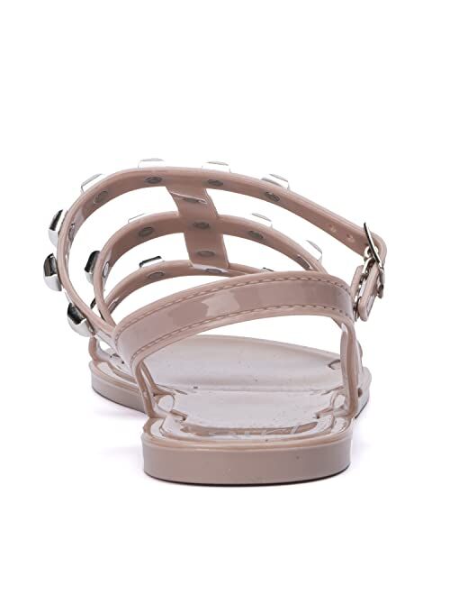 Olivia Miller Kid's Girl Fashion Shoes, PVC Jelly w Gladiator Studded Adjustable Strap Slip On Open Toe Comfortable Trendy Casual Summer Geli Flat Slide Sandals