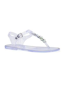 Olivia Miller Kid's Girl Fashion Shoes, Clear PVC Jelly w Rhinestones & Adjustable Thong T Strap Slip On Open Toe Comfortable Trendy Casual Summer Geli Flat Slide Sandals