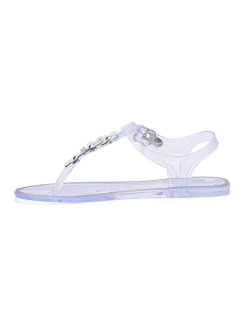Olivia Miller Kid's Girl Fashion Shoes, Clear PVC Jelly w Rhinestones & Adjustable Thong T Strap Slip On Open Toe Comfortable Trendy Casual Summer Geli Flat Slide Sandals