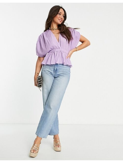 ASOS DESIGN textured plunge front top with elastic waist detail in lilac